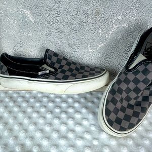 Vans Classic Black Grey Checker Board Slip Ons EUC